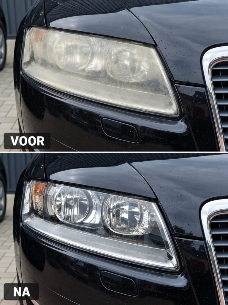Audi koplamp voor en na renovatie door Remle Koplamprenovatie