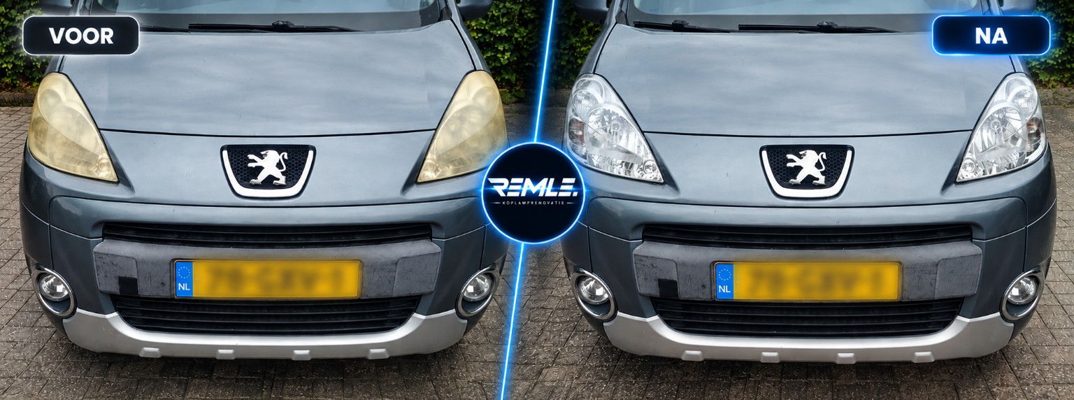 Peugeot koplampen voor en na renovatie