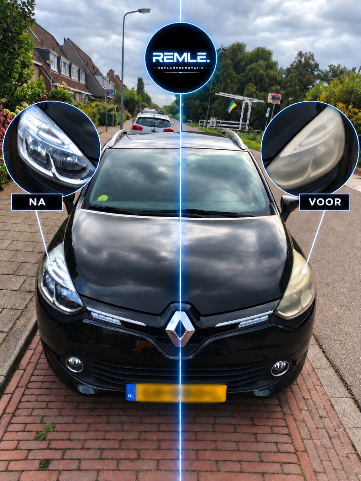 Renault koplampen voor en na renovatie
